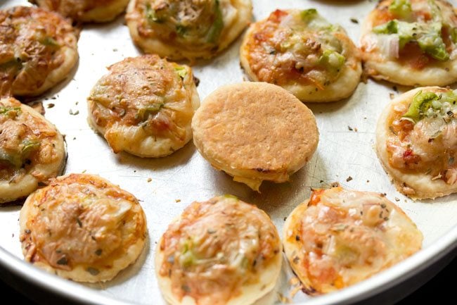 showing the bottom of a veggie pizza puff - it should be nice and golden.