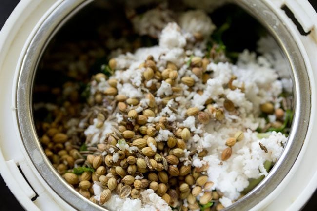 ingredients for spice paste added to grinder jar for veg sagu recipe. 