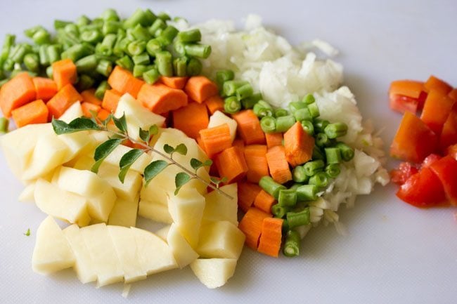 chopped vegetables for veg sagu recipe. 