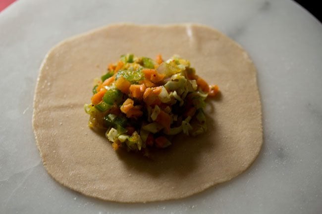 vegetable stuffing placed in the center of the rolled dough. 