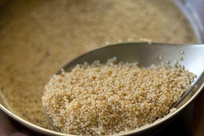 soaked and drained poppy seeds in a spoon. 