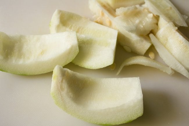 peeled and chopped ash gourd for making white pumpkin halwa. 