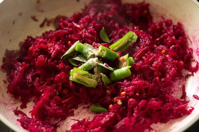 green chilli, asafetida and beetroot chutney mixture in pan