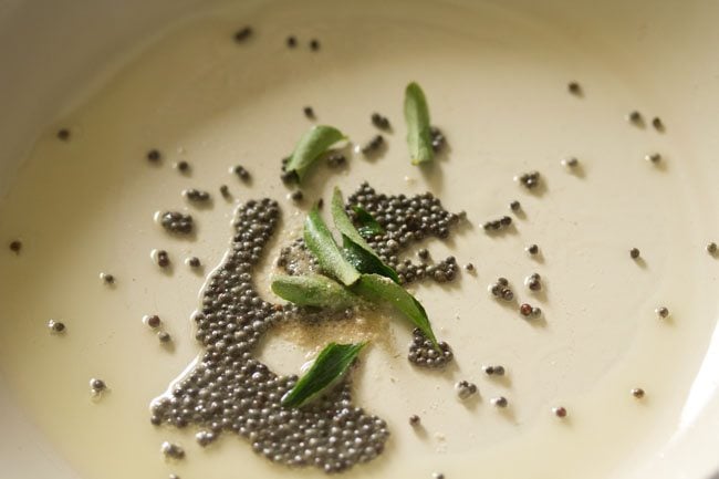 mustard seeds, asafetida and curry leaves in a hot pan