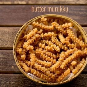 butter murukku served in a cane bowl with text layovers.