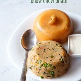 chow chow bhath served on a white plate with a spoon kept on the left side and a small bowl of coconut chutney kept on the right side and text layovers.