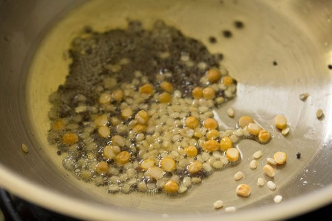 mustard seeds, chana dal and urad dal added in hot ghee or oil in pan. 