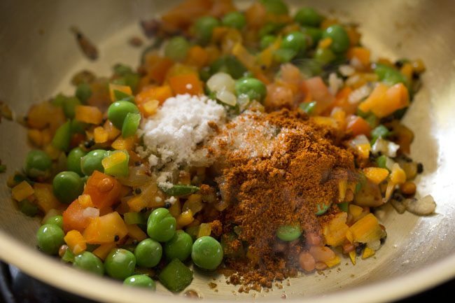 vangi bhaat masala added to the vegetable mixture. 