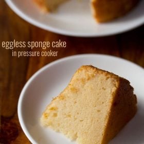 closeup photo of thick slice of pressure cooker cake on white plate with text layovers