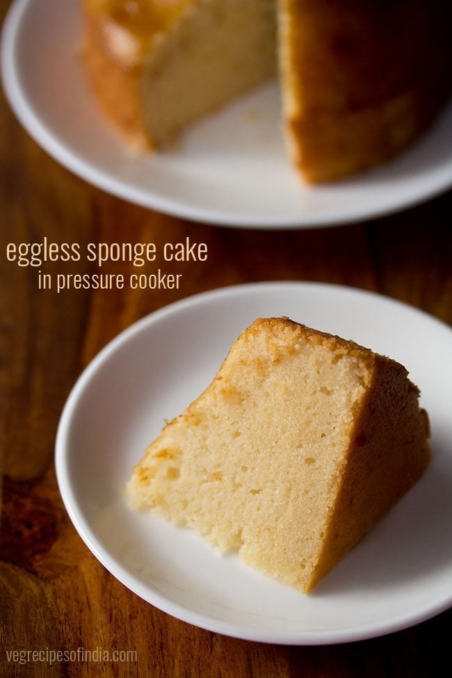 closeup photo of thick slice of pressure cooker cake on white plate with text layovers