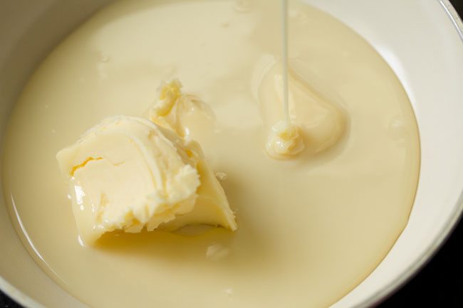 salted butter and condensed milk in a pan.