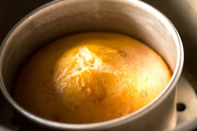 golden baked cooker cake in pan