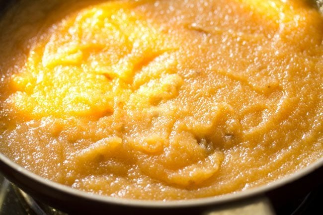 fried cashews mixed well in the cooked kesari bath. 