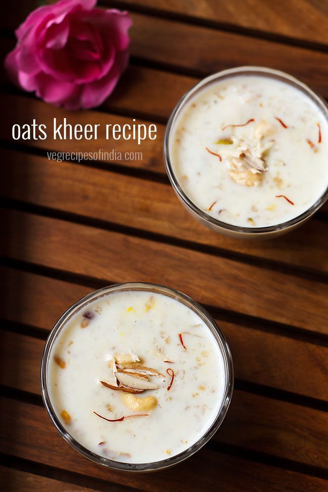 oats kheer garnished with chopped almonds and served in 2 glass bowls with text layovers.