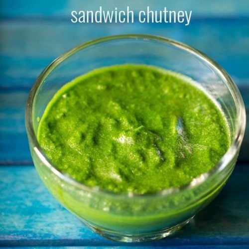 sandwich chutney in a glass bowl on a blue tray.