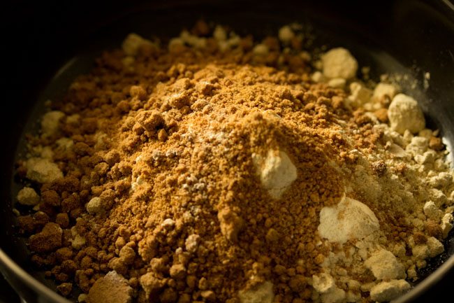 jaggery powder added to roasted sattu flour. 