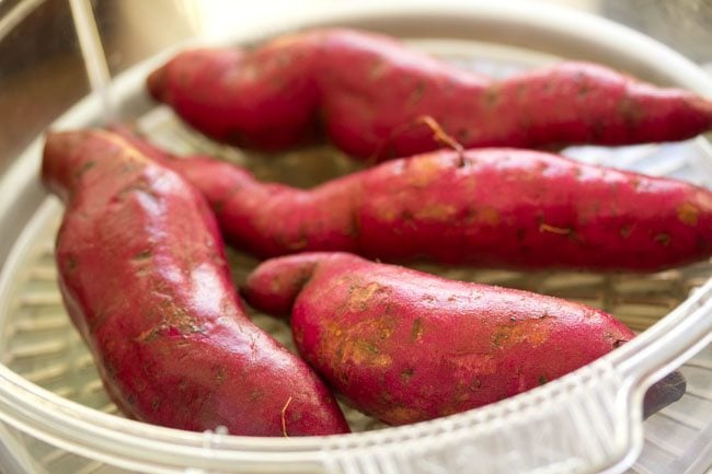 steamed sweet potatoes for making shakarkandi chaat. 