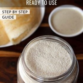 instant dosa mix in a glass jar with dosas made with instant dosa recipe served on a white plate and coconut chutney in a bowl in the background and text layovers.