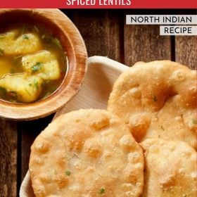 urad dal kachori served with a bowl of aloo sabzi and text layovers.