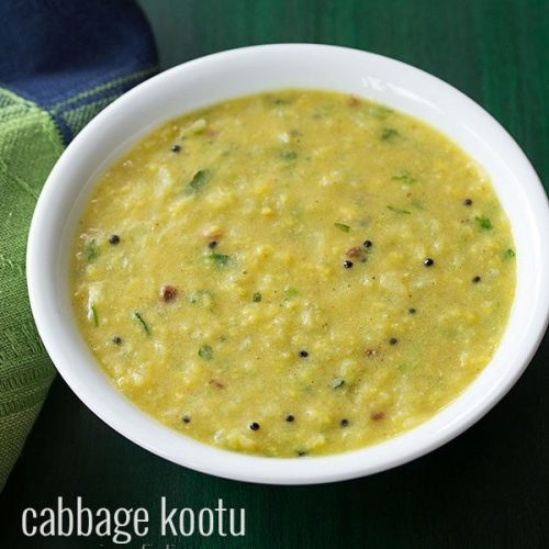 cabbage kootu served in a white bowl.