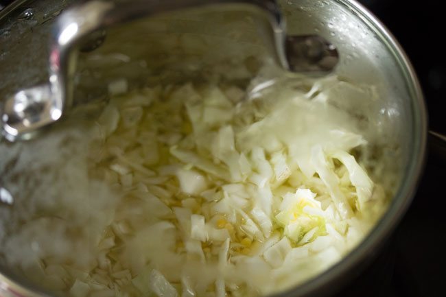 cooking moong dal and cabbage in the covered pan. 