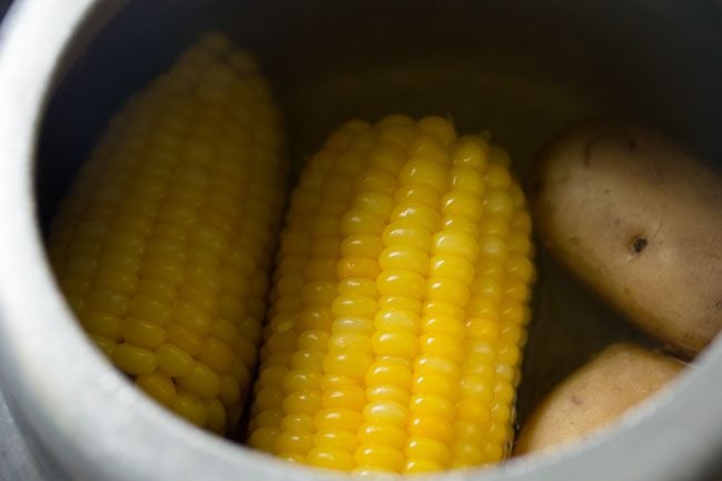 corn cobs and potatoes in a pressure cooker.