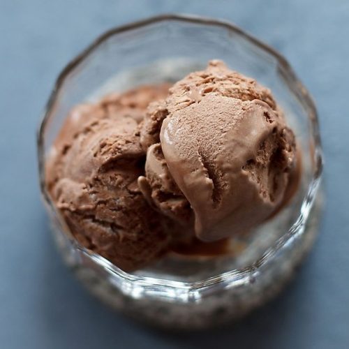 chocolate ice cream in glass bowl
