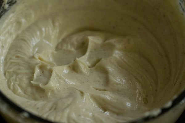 egg free new york cheesecake filling in a mixing bowl prior to adding cream