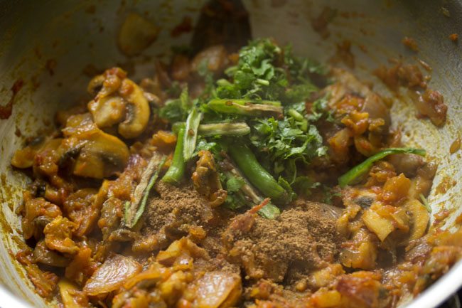 slit green chilies, garam masala powder and coriander leaves on mushroom do pyaza in the pan
