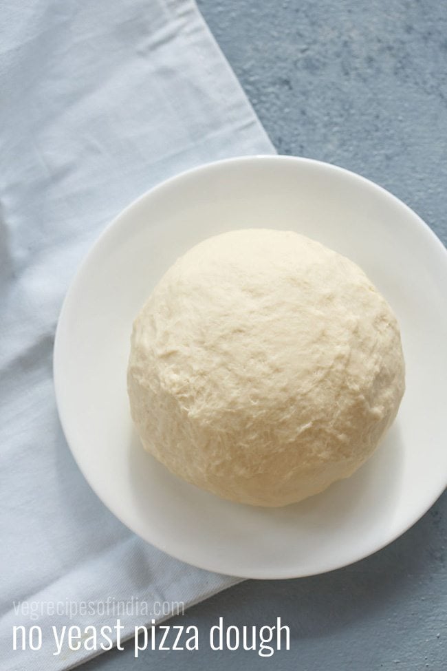 no yeast pizza dough in a white plate on a light blue napkin