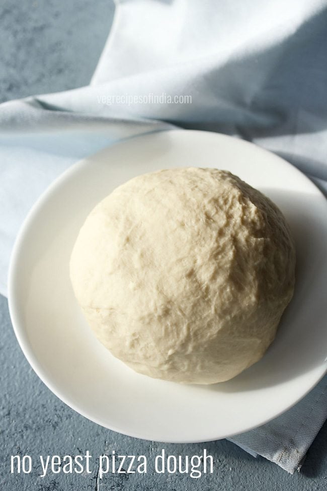 no yeast pizza dough in a white plate on a light blue napkin