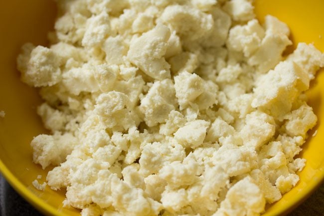 crumbled paneer in a bowl