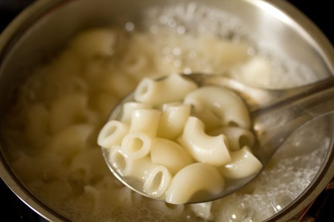 cooked pasta in a ladle. 