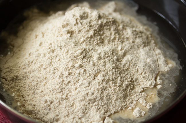 whole wheat flour added to yeast solution. 