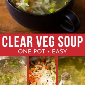 collage de fotos con sopa de verduras en una taza negra y pasos para hacer la sopa con una superposición de texto