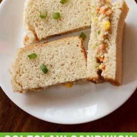 coleslaw sandwich served on a white plate.