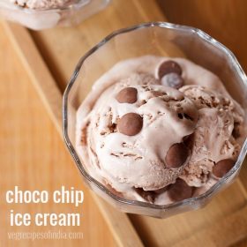 top shot of chocolate chip ice cream served in glass bowls with text layovers