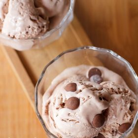 chocolate chip ice cream scoops topped with chocolate chips served in glass bowls