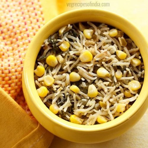 makai palak pulao recipe, corn spinach pulao recipe