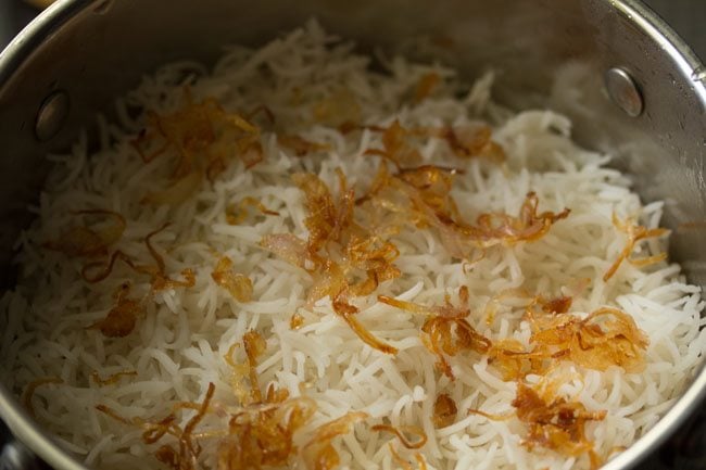 fried onions added on top of rice layer