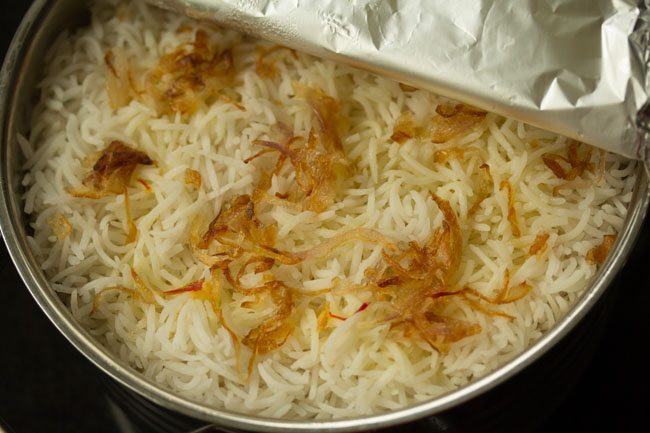 prepared Kolkata biryani in a pan