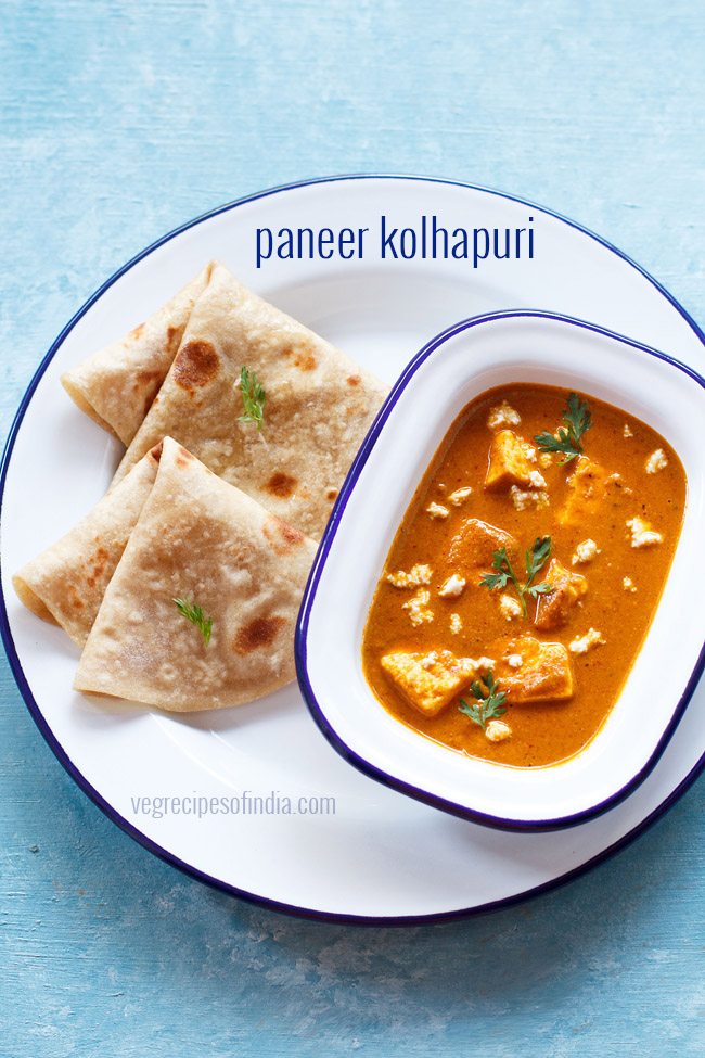 paneer Kolhapuri served with roti in a white plate