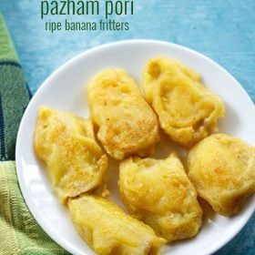 pazham pori served on a white plate with text layover.