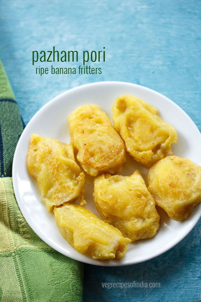 pazham pori served on a white plate with text layover.