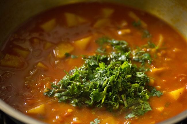 chopped coriander leaves added to aloo curry