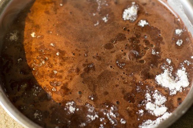 chocolate mixture added to flour mixture. 