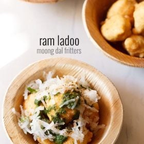 ram laddu topped with green chutney, grated radish-coriander leaves and served in individual small bowls with text layovers.