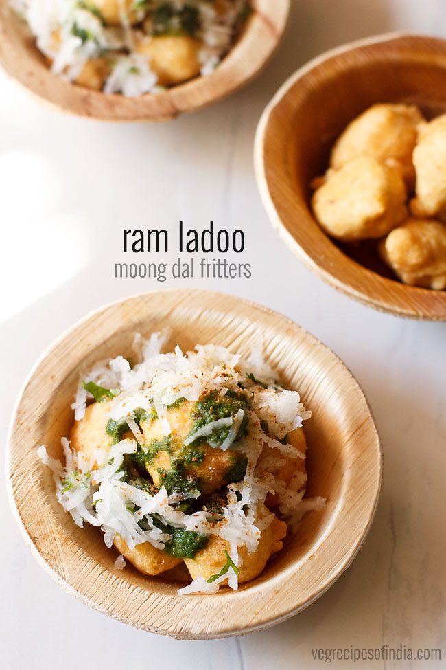 ram laddu topped with green chutney, grated radish-coriander leaves and served in individual small bowls with text layovers.