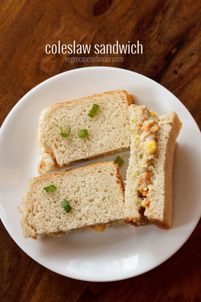 coleslaw sandwich served in a white plate