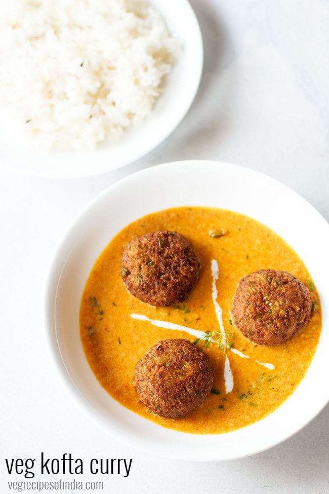 veg kofta curry served in a white bowl..